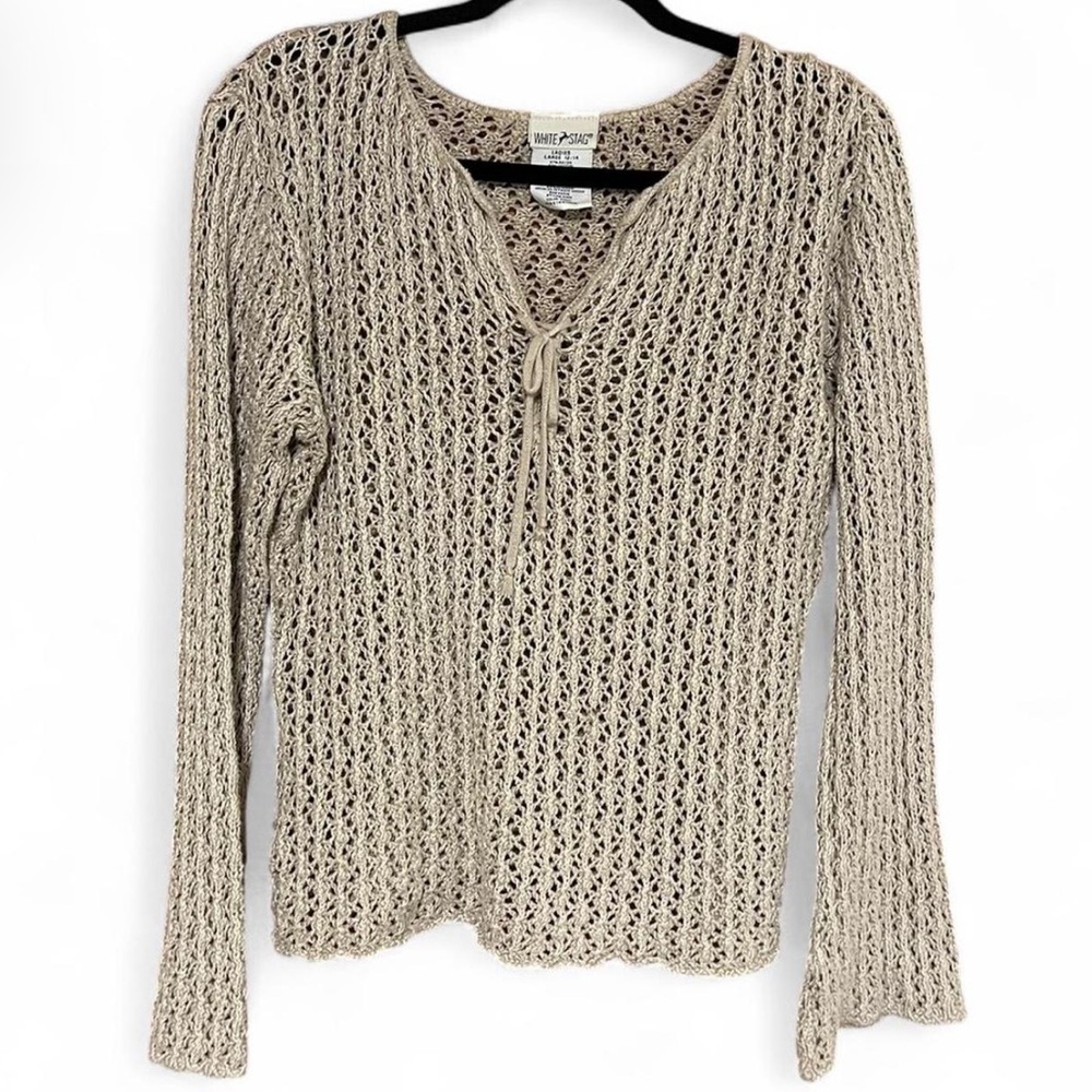 White Stag Women’s Beige Crochet Lace-Up Sweater with Bell Sleeves Size Large